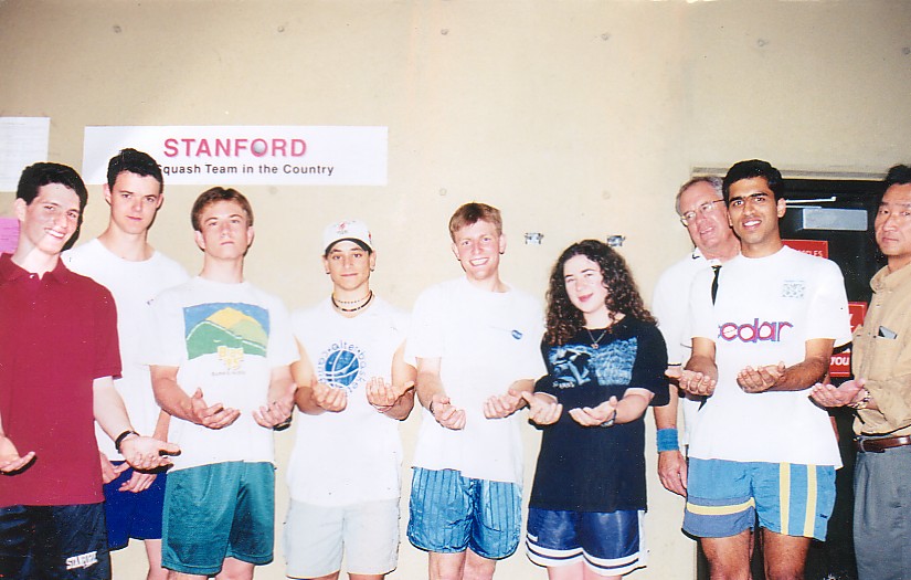 Players from the Stanford Squash Club, holding no trophies after the club's first season in 1998-99